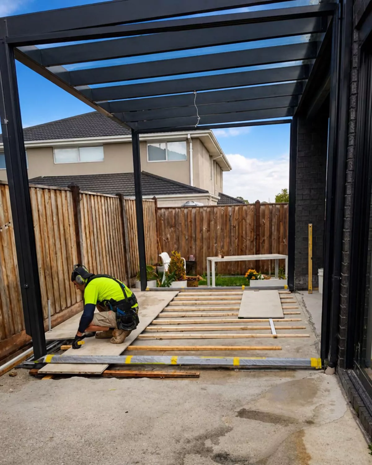 The black aluminium frame and roof beams of an alfresco glass room going up while an installer lays the floor