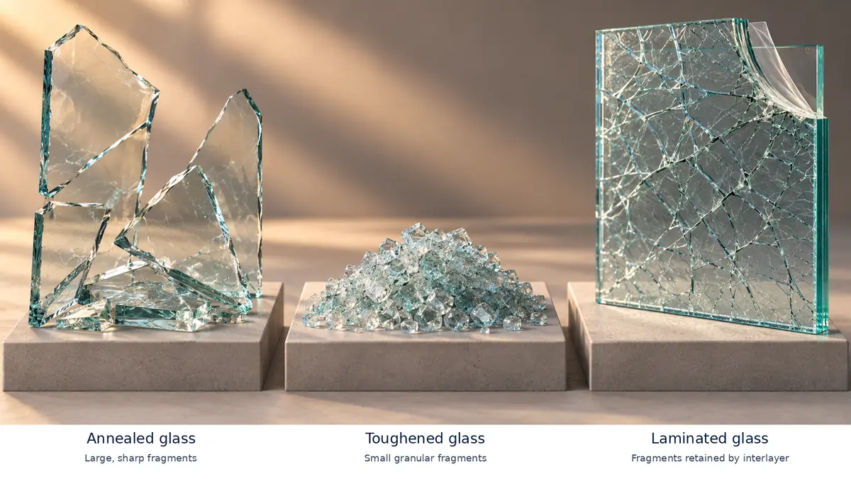Comparison of large annealed glass fragments, granular toughened glass fragments and cracked laminated glass held by its interlayer.