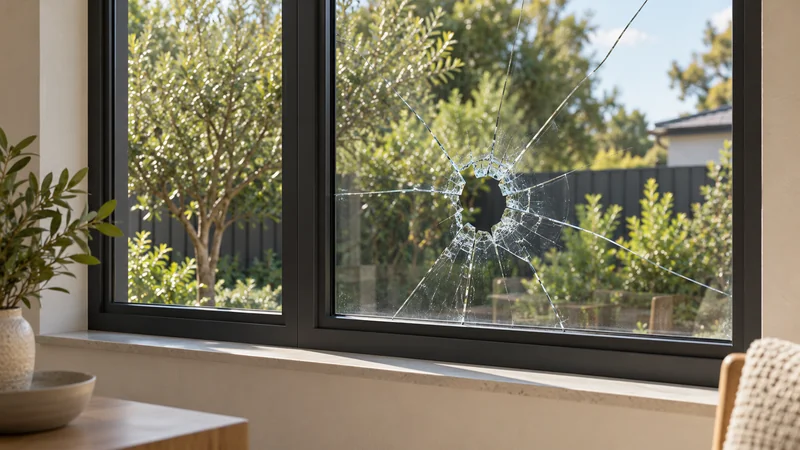 A cracked window pane with a hole and cracks spreading from the centre, in a dark aluminium frame.
