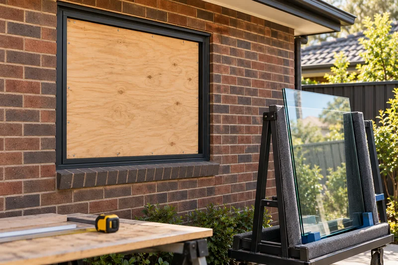 A window opening covered with a plywood board, with a tape measure on a trestle and a new pane of glass on a rack beside it.