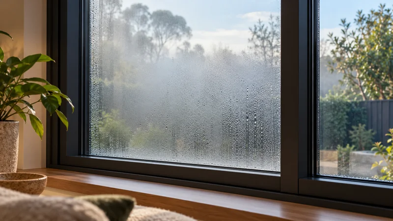 A window with fine condensation across the glass, seen from inside, looking out to a garden.