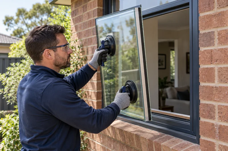 A glazier in safety glasses and gloves lifting a double-glazed unit into an aluminium window frame with suction lifters.