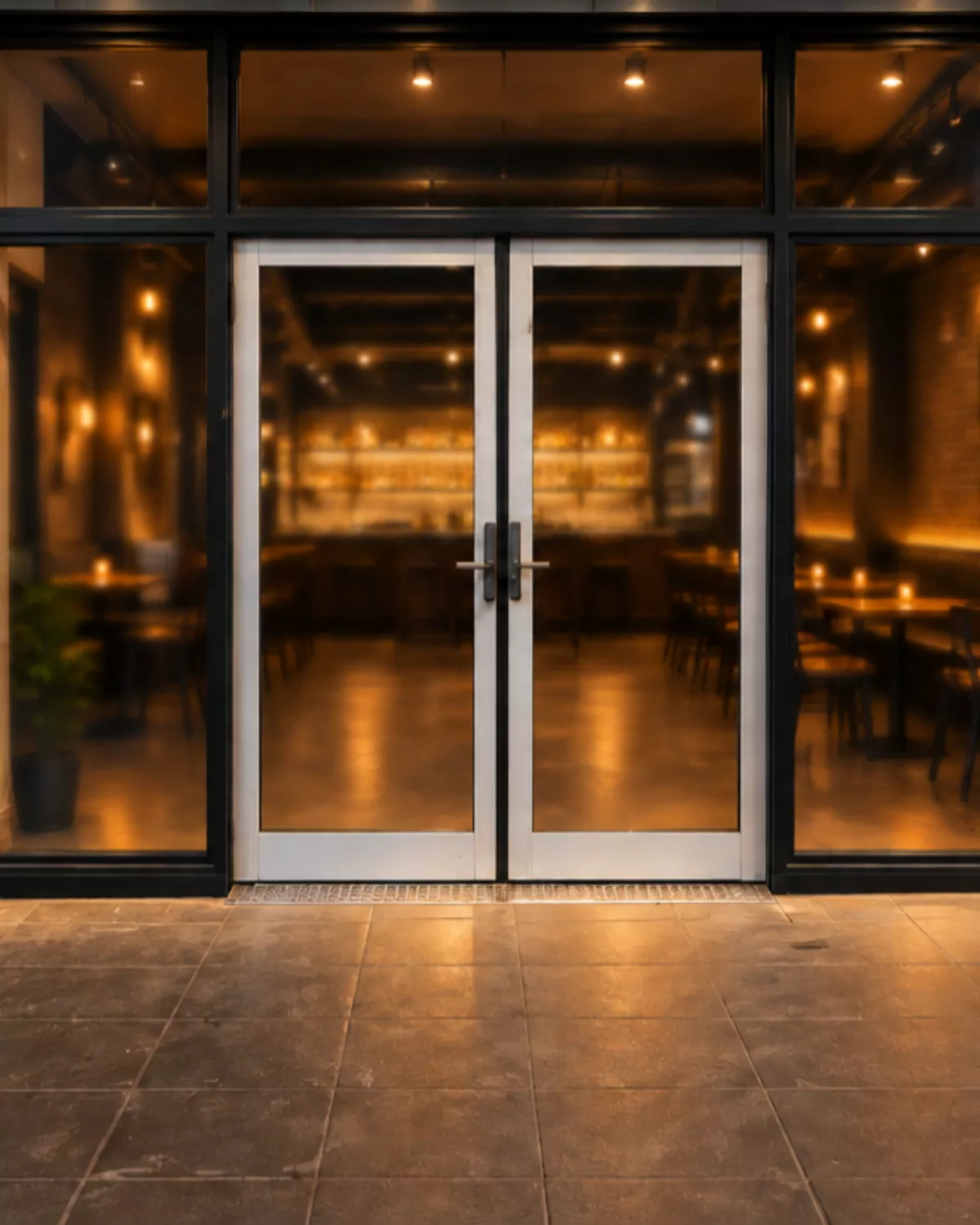 Illustration: the finished shopfront at night, black frame and white double doors, warm light inside