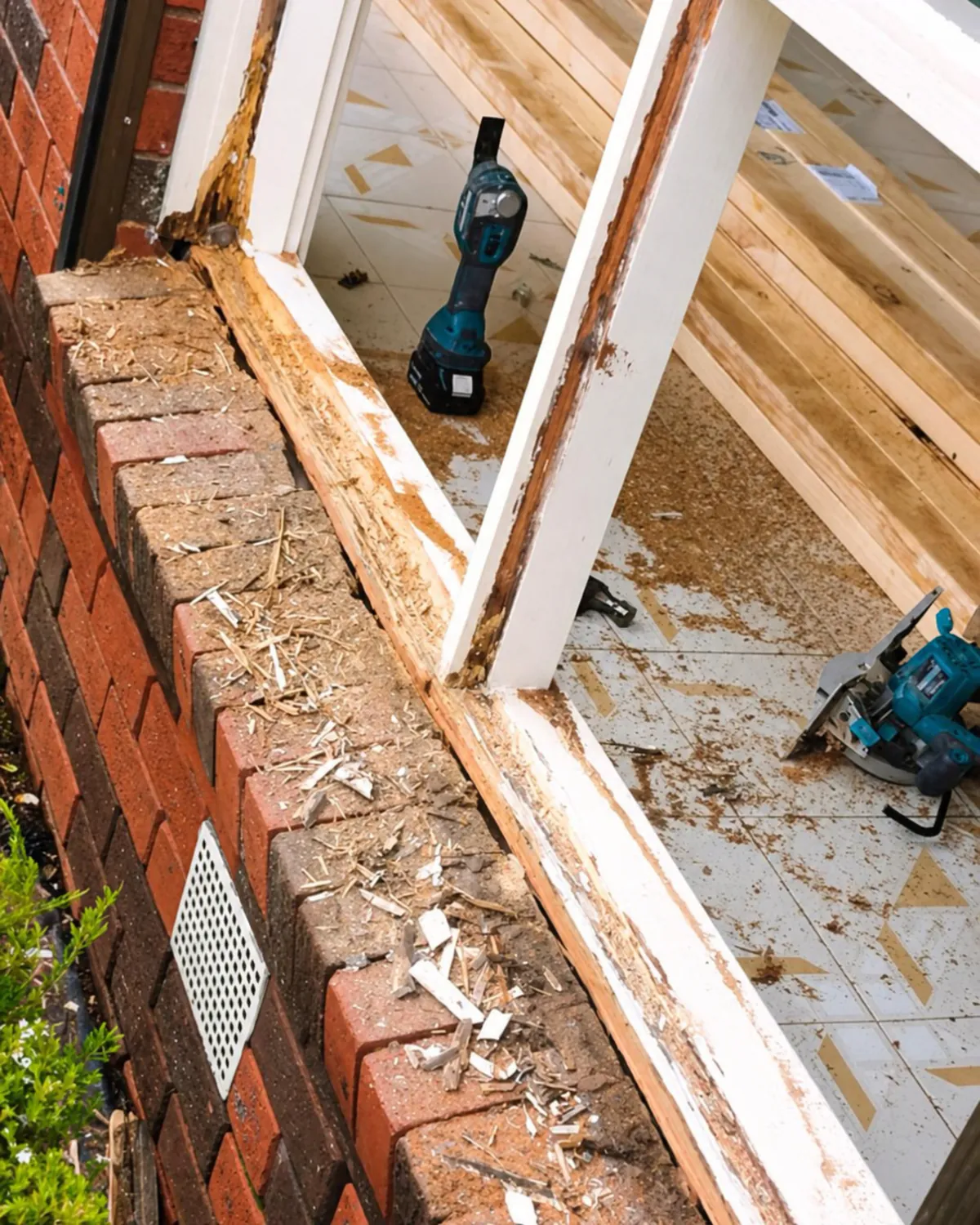 A rotten timber window sill opened up for repair, with a drill and saw on the sill